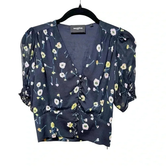The Kooples VNeck Viscose Floral Button Front Sheer Sleeves Romantic Crop Blouse - Picture 1 of 7